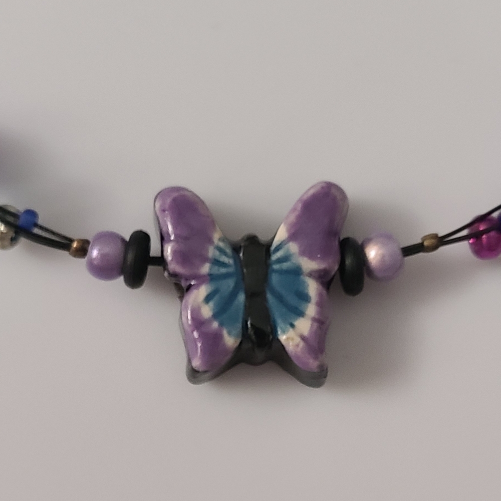 925 Vintage Butterfly Pottery Necklace Artisan Glass Beaded Purple Cats Eye Vtg - Picture 4 of 16